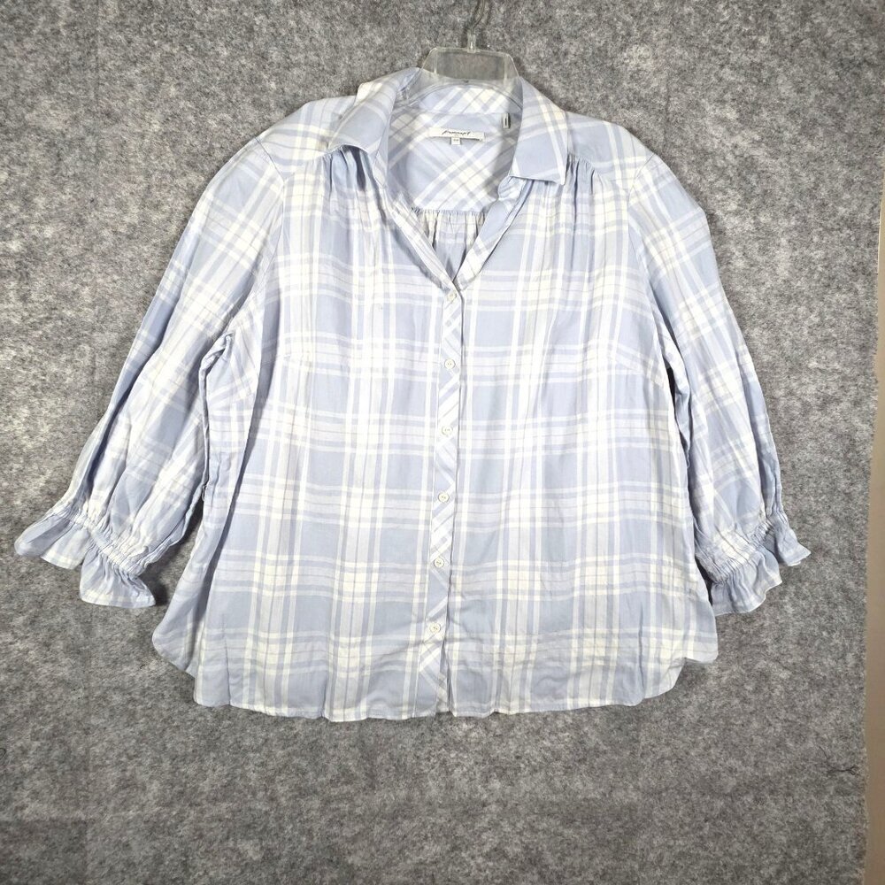 Foxcroft Women's Button Front Shirt Collard Long Sleeve Blue Plaid  Size 16